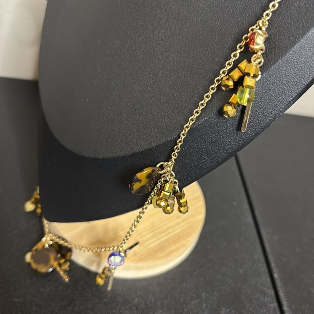 Signed J Crew Gold Tone Dangle Faux Tortoise & Colored Rhinestones Necklace - Picture 3 of 11